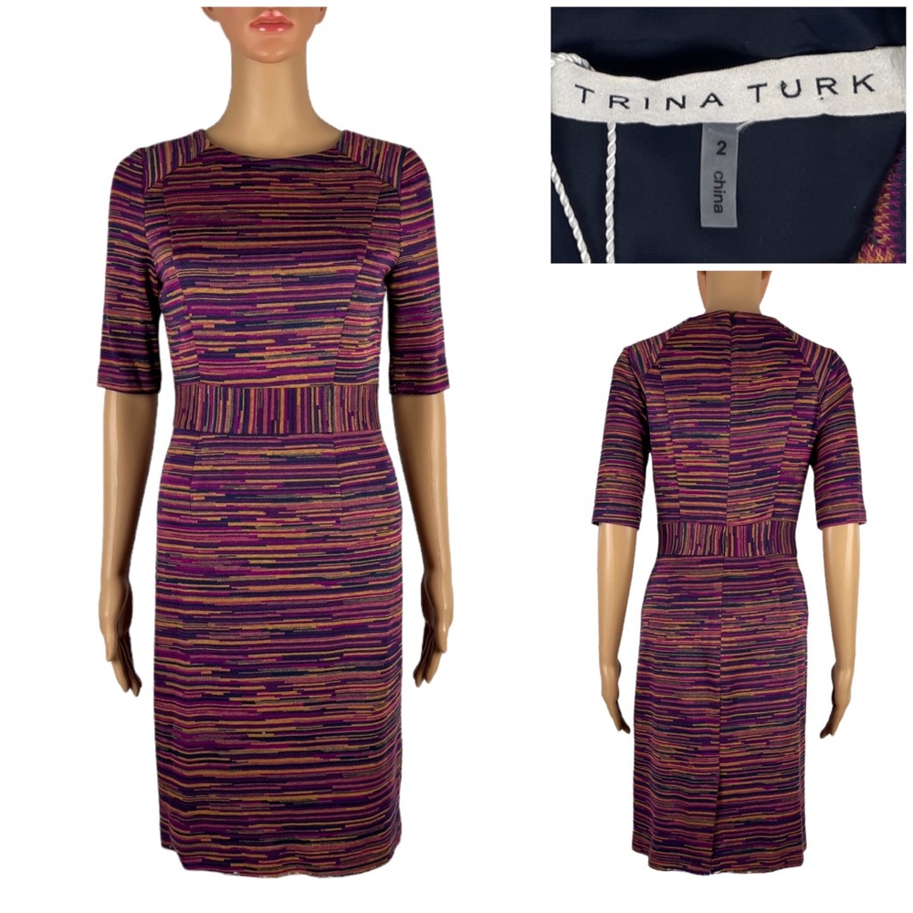 Trina Turk Womens 2 Ponte Jacquard Monarch Dress in Wineberry Sheath 138730 EUC